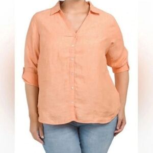 ☔️🔹️Sigrid Olsen Orange Linen Adjustable Roll Tab Long Sleeve Top Medium